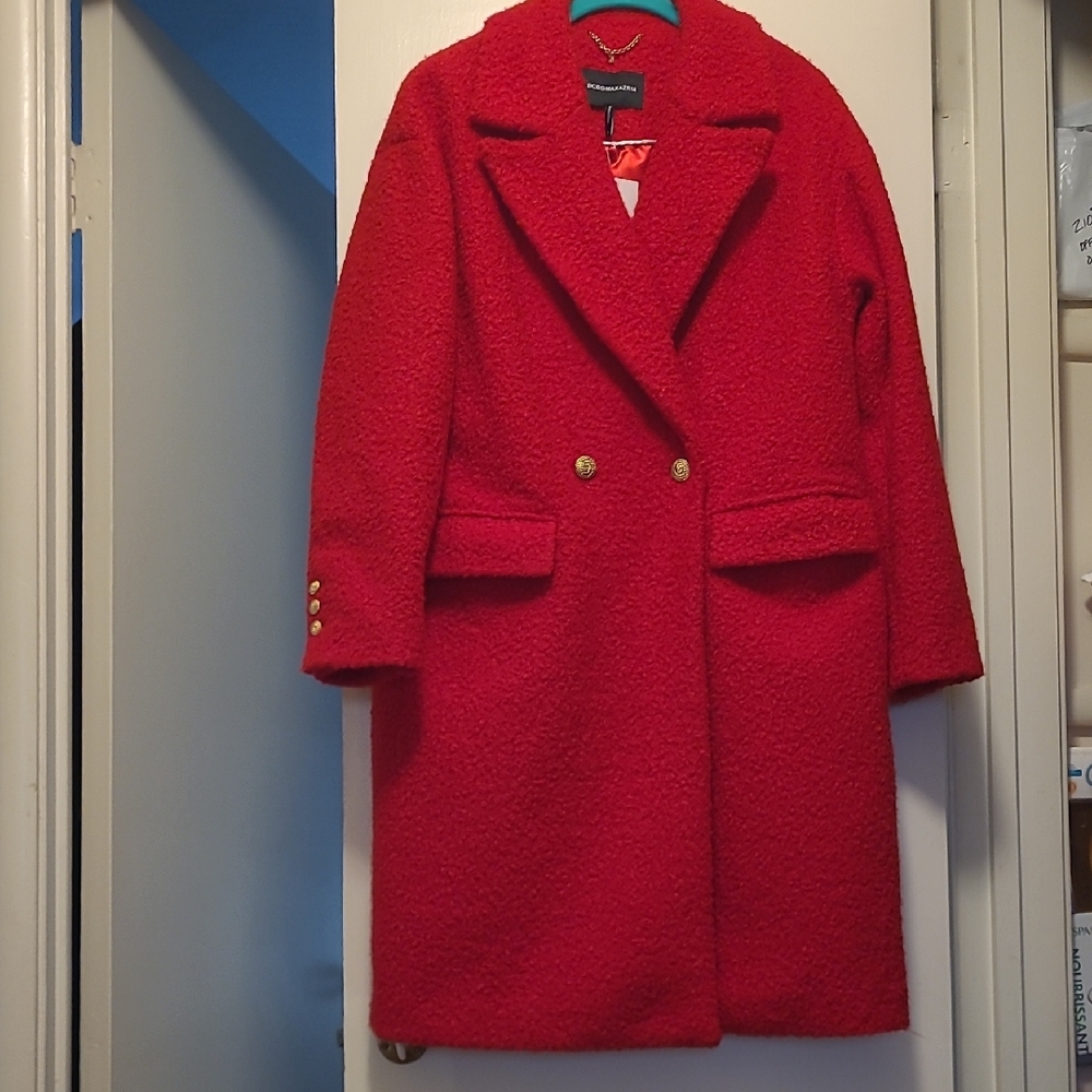 BCBGMaxAzria Vibrant Red Boucle Pea Coat